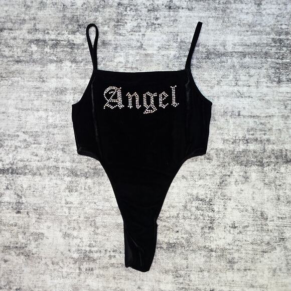 Motel Bodysuit Womens Medium Black Velvet Y2K Angel Rhinestone Tank Top Stretchy - Picture 1 of 12